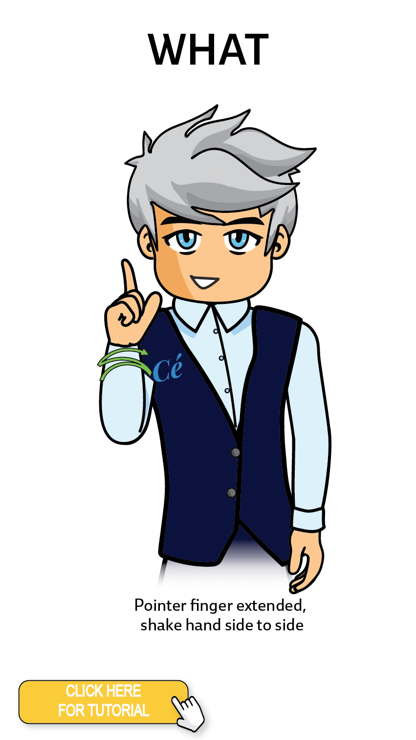The Cérge character performing sign language for the word What. The Keyword Sign instructions are: Pointer finger extended, shake hand side to side.